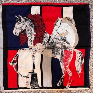 Horse Print Scarf in Red, Navy & Cream
